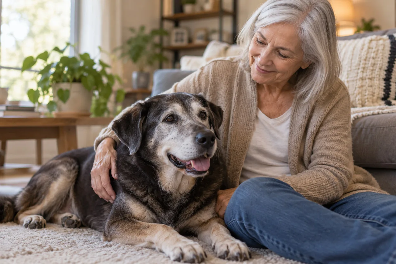 Owner sitting with an older-looking dog in a bright home